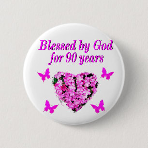 PRETTY 90TH BIRTHDAY FLORAL 6 CM ROUND BADGE