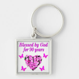 PRETTY 90TH BIRTHDAY FLORAL KEY RING