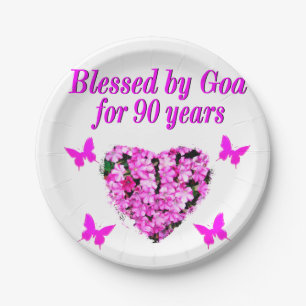 PRETTY 90TH BIRTHDAY FLORAL PAPER PLATE