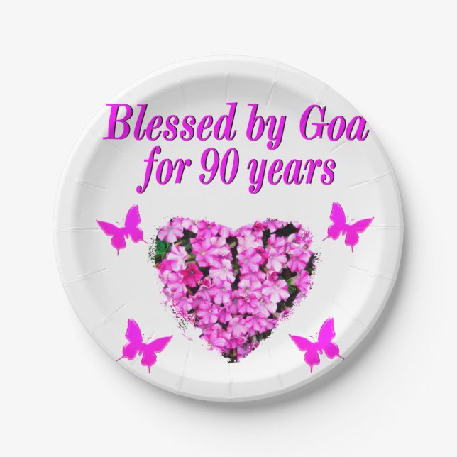 PRETTY 90TH BIRTHDAY FLORAL PAPER PLATE (Front)