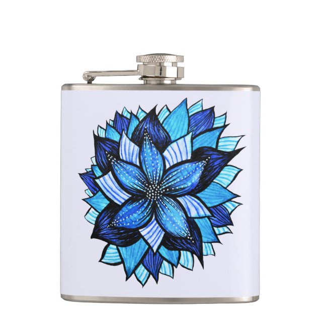 Pretty Abstract Blue Mandala Like Flower Drawing Hip Flask (Front)
