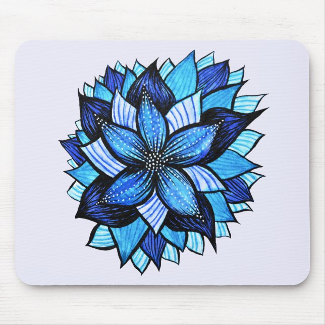 Pretty Abstract Blue Mandala Like Flower Drawing Mouse Mat (Front)
