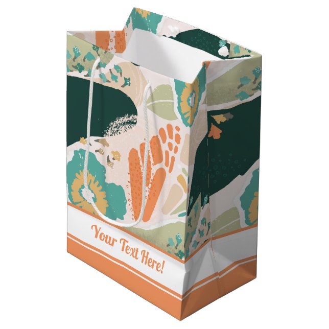 Pretty Abstract Floral Pattern Aqua Green Orange Medium Gift Bag (Front Angled)