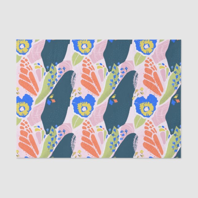 Pretty Abstract Floral Pattern Blue Green Orange Tissue Paper (Front)