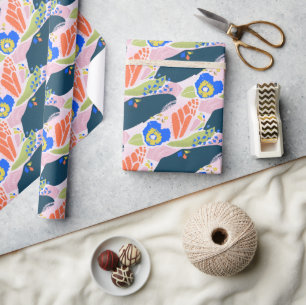 Pretty Abstract Floral Pattern Blue Green Orange Wrapping Paper