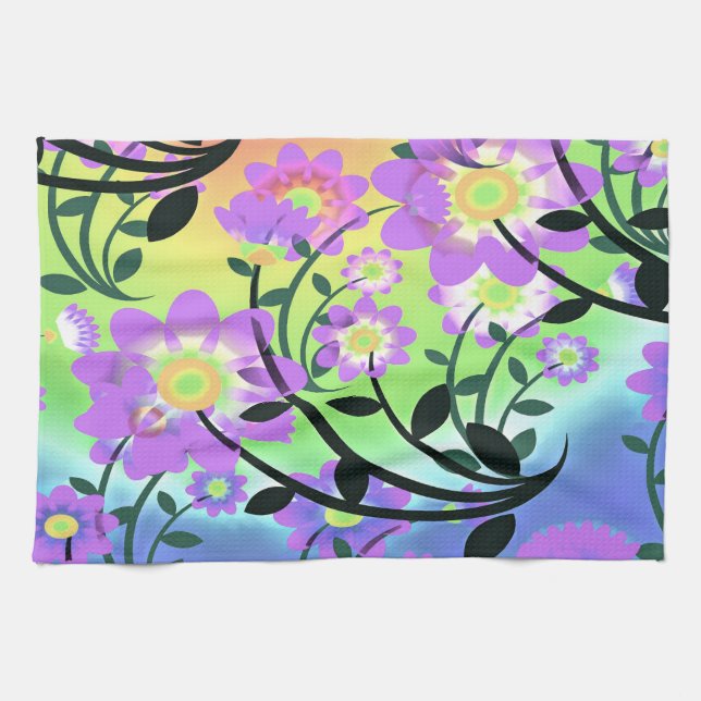 Pretty Abstract Multicolored Flowers Purple Tea Towel (Horizontal)