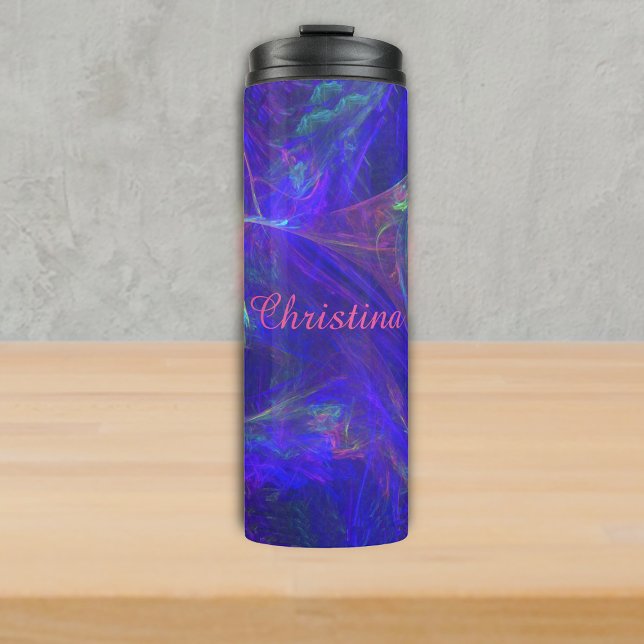 Pretty Abstract Vibrant Swirls of Pink Green Blue Thermal Tumbler (Abstract cosmic themed design swirls of vibrant pinks greens on deep blue on thermal drink tumbler.)