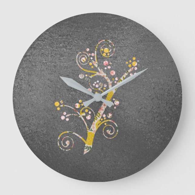 Pretty Abstract Yellow and Gray Cherry Blossom Large Clock (Front)
