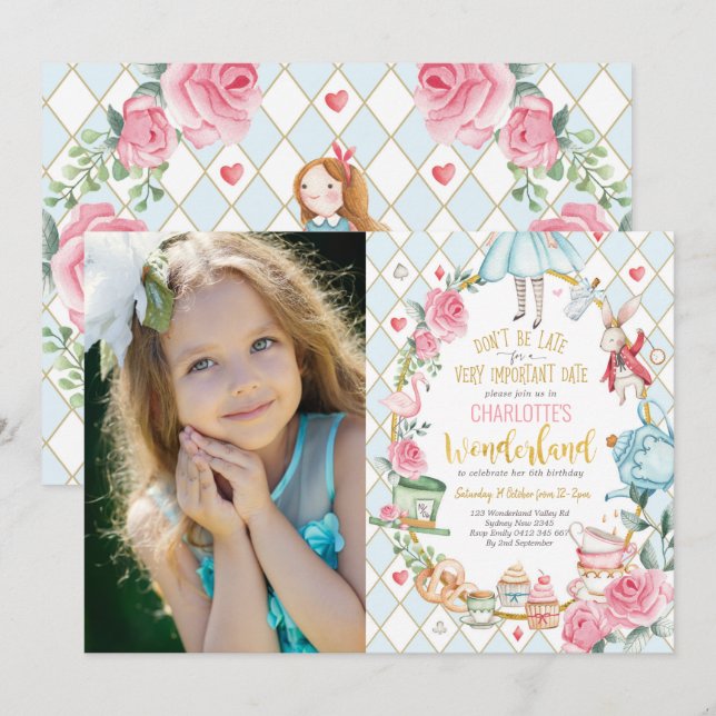Pretty Alice in Wonderland 1st Birthday Tea Party Invitation (Front/Back)
