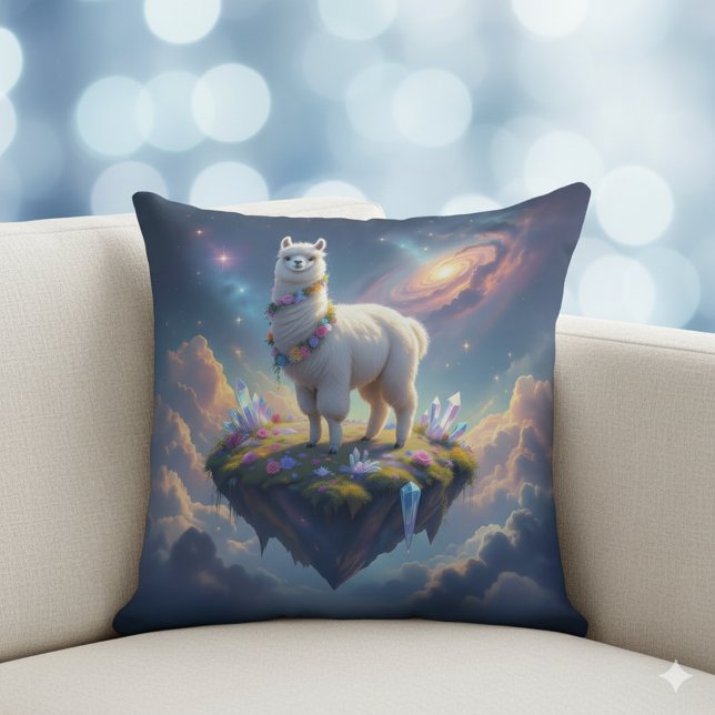 Pretty Alpaca on an Island Floating in the Heavens Cushion (Alpaca on Floating Island in the Night Skies Throw Pillow Cover Photo)
