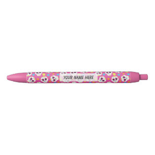 Pretty and Cute Sugar Skulls on Pink Personalised Black Ink Pen