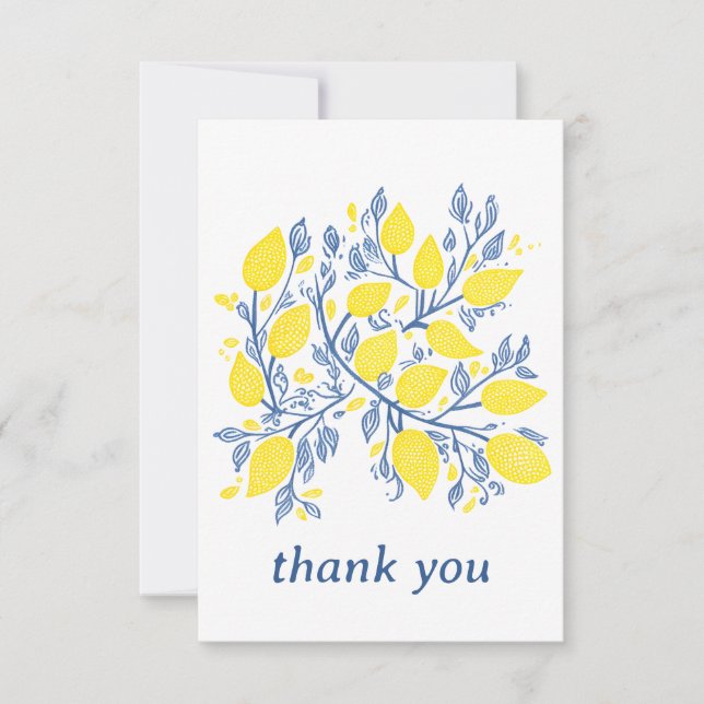 Pretty and delicate blue and yellow lemon vines thank you card (Front)