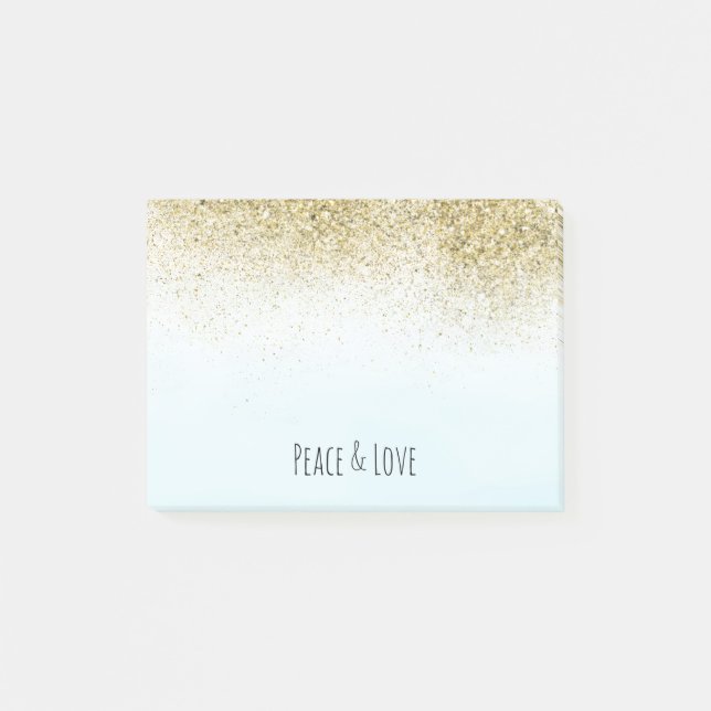 Pretty and Glittery Gold Peace Love Blue Ombre Post-it Notes (Front)