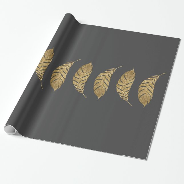 Pretty and Swanky Faux Gold Leaf Stripe on Black Wrapping Paper (Unrolled)
