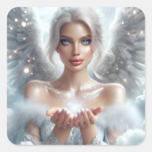 Pretty Angel with Blue Eyes Holding Love and Light Square Sticker
