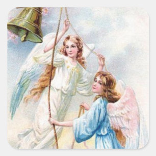 Pretty Angels With Bell Square Sticker