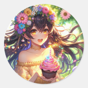 Pretty Anime Birthday Girl Classic Round Sticker