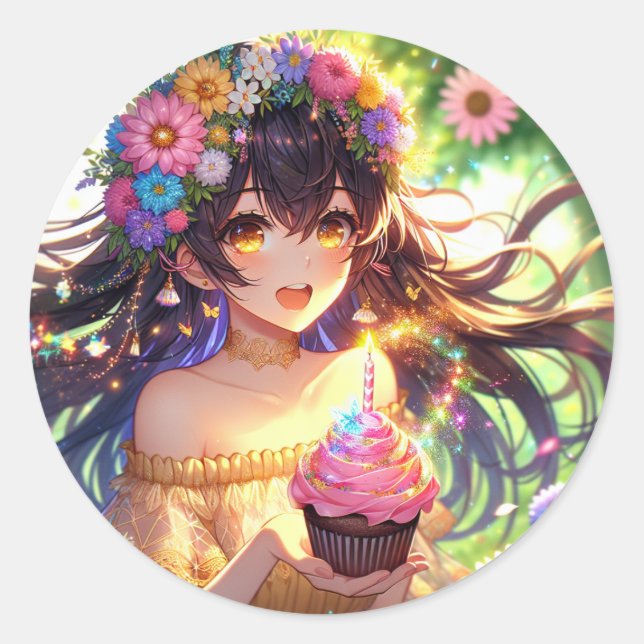 Pretty Anime Birthday Girl Classic Round Sticker (Front)