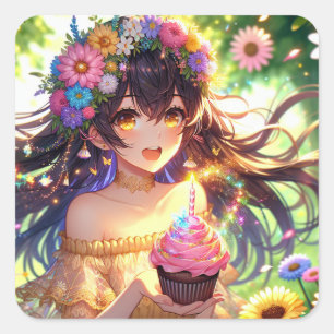 Pretty Anime Birthday Girl Square Sticker