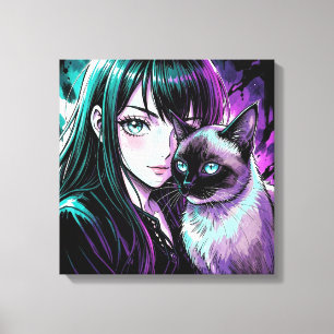 Pretty Anime Girl and Siamese Cat Canvas Print