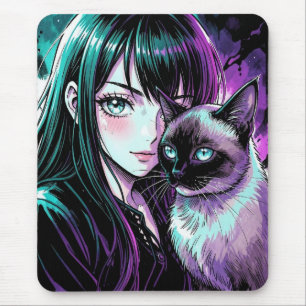 Pretty Anime Girl and Siamese Cat Mouse Mat