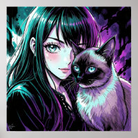 Pretty Anime Girl and Siamese Cat