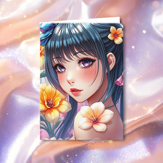 Pretty Anime Girl Colouring Page Girl's Birthday Card (Creator Uploaded)