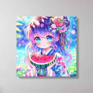 Pretty Anime Girl Eating Watermelon Canvas Print