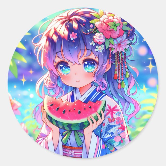 Pretty Anime Girl Eating Watermelon Classic Round Sticker (Front)