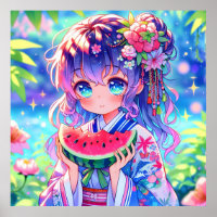 Pretty Anime Girl Eating Watermelon