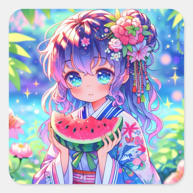 Pretty Anime Girl Eating Watermelon Square Sticker (Front)