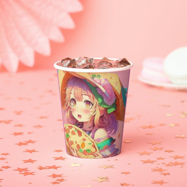 Pretty Anime Girl Holding a Pizza Paper Cups (Insitu)
