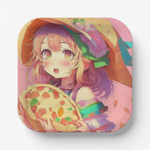 Pretty Anime Girl Holding a Pizza Paper Plate