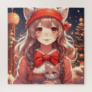 Pretty Anime Girl Holding Kitten Christmas Jigsaw Puzzle