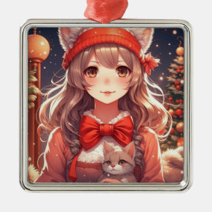 Pretty Anime Girl Holding Kitten Christmas Metal Tree Decoration