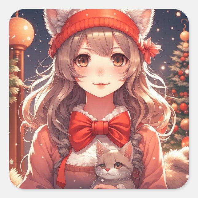 Pretty Anime Girl Holding Kitten Christmas Square Sticker (Front)