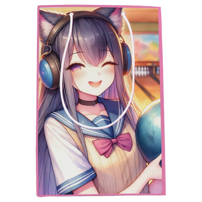 Pretty Anime Girl in Bowling Birthday Party Medium Gift Bag (Front)