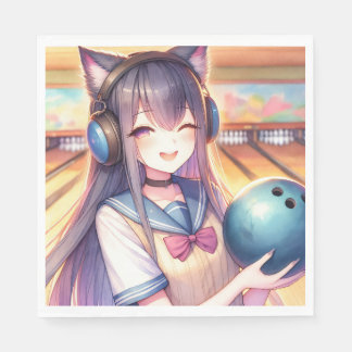 Pretty Anime Girl in Bowling Birthday Party Napkin