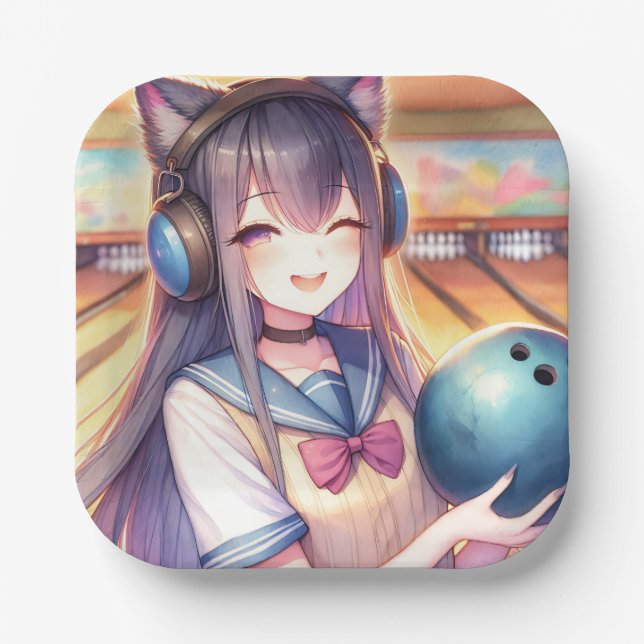 Pretty Anime Girl in Bowling Birthday Party Paper Plate (Front)
