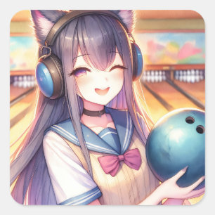 Pretty Anime Girl in Bowling Birthday Party Square Sticker