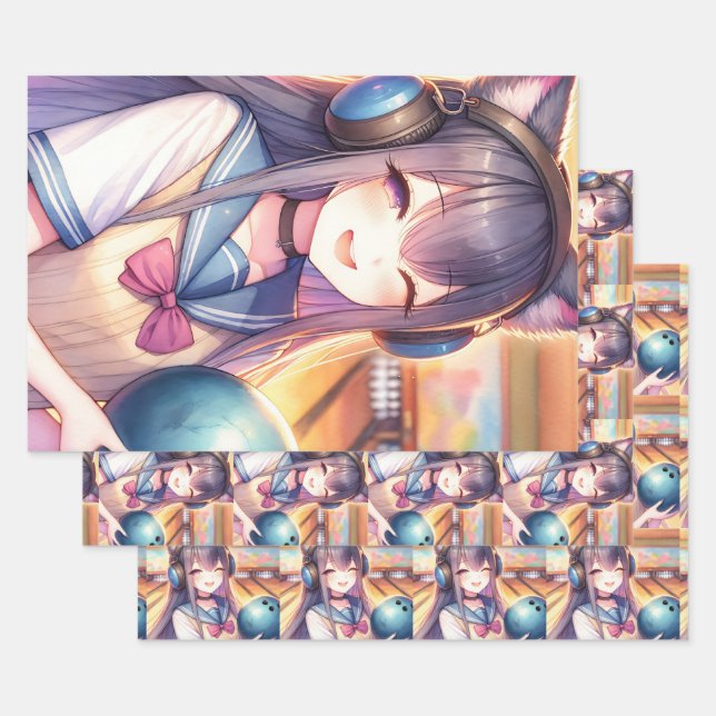 Pretty Anime Girl in Bowling Birthday Party Wrapping Paper Sheet (Set)