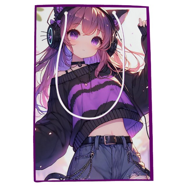 Pretty Anime Girl in Headphones Birthday Medium Gift Bag (Front)