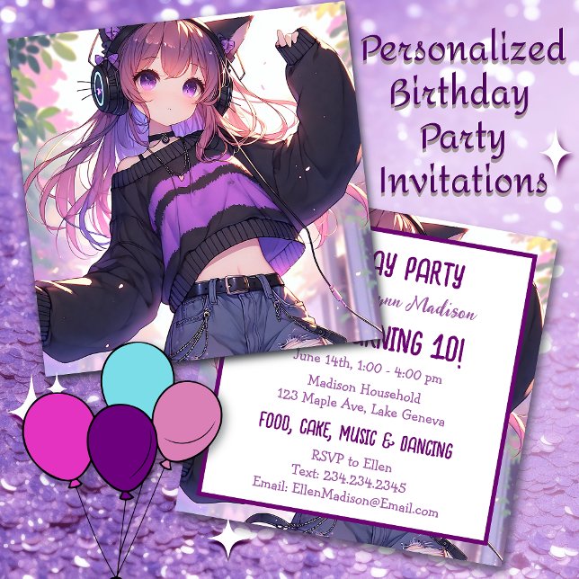 Pretty Anime Girl in Headphones Birthday Party Invitation (Creator Uploaded)