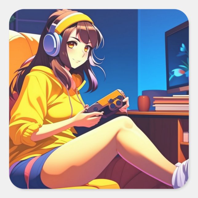 Pretty Anime Girl in Headphones Square Sticker (Front)