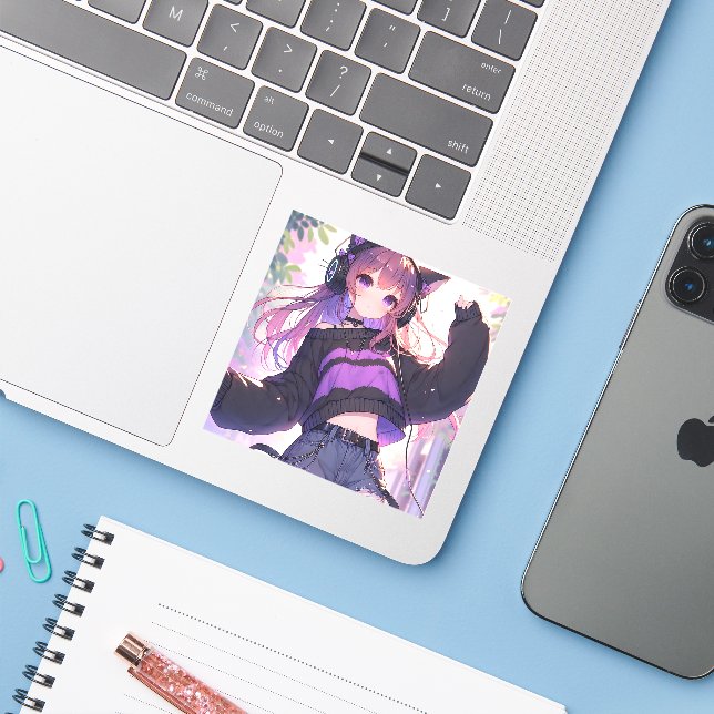 Pretty Anime Girl in Headphones with Cat Ears (Laptop w/ iPhone)