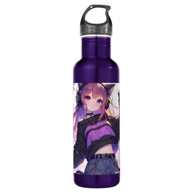 Pretty Anime Girl in Headphones with Cat Ears 710 Ml Water Bottle (Front)