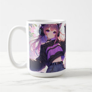 Pretty Anime Girl in Headphones with Cat Ears Coffee Mug