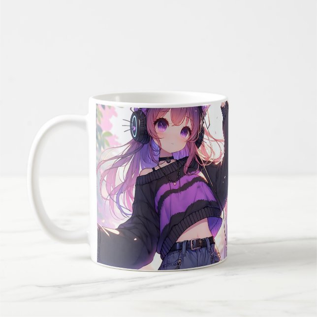 Pretty Anime Girl in Headphones with Cat Ears Coffee Mug (Left)