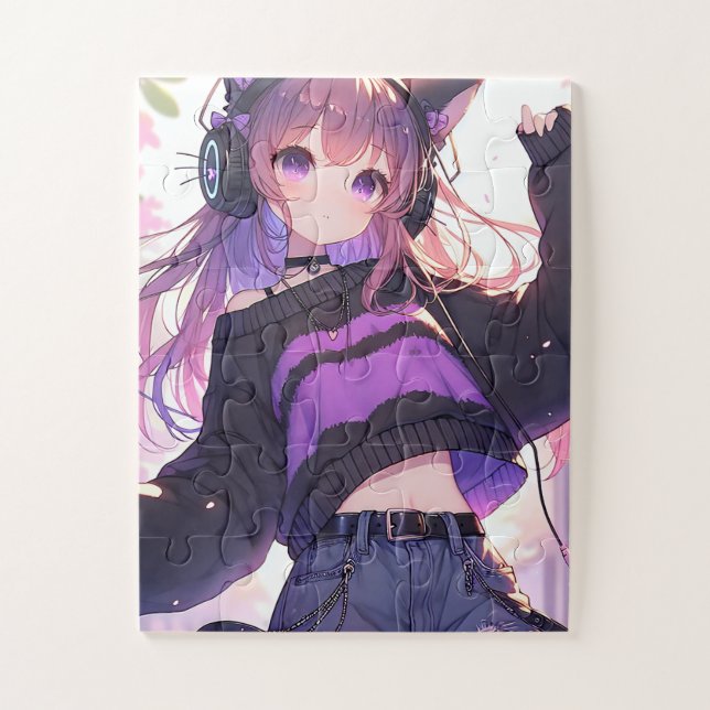Pretty Anime Girl in Headphones with Cat Ears Jigsaw Puzzle (Vertical)