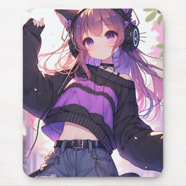 Pretty Anime Girl in Headphones with Cat Ears Mouse Mat (Front)